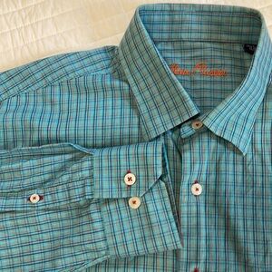 Alan Flusser Men’s Blue Striped Casual Button Down Shirt Size Large